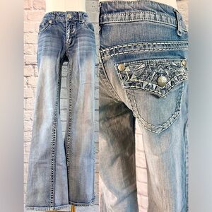 Paisley Sky Denim Jeans Embroidered Embellished Contrast Stitch Bling Sequin Y2K
